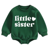 Green oversized baby romper with "little sister" text, handmade organic Canadian baby clothes. - Little Sister Soft warm fleece Baby Oversized Sweatshirt Romper
