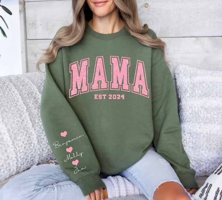 (Copy) Glitter Mama Sweatshirt with children’s name on sleeve Hippo Boutique