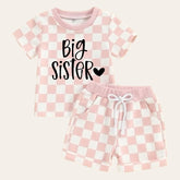 Big Sister Baby and Toddler Checkered t-shirt & shorts outfit Hippo Boutique