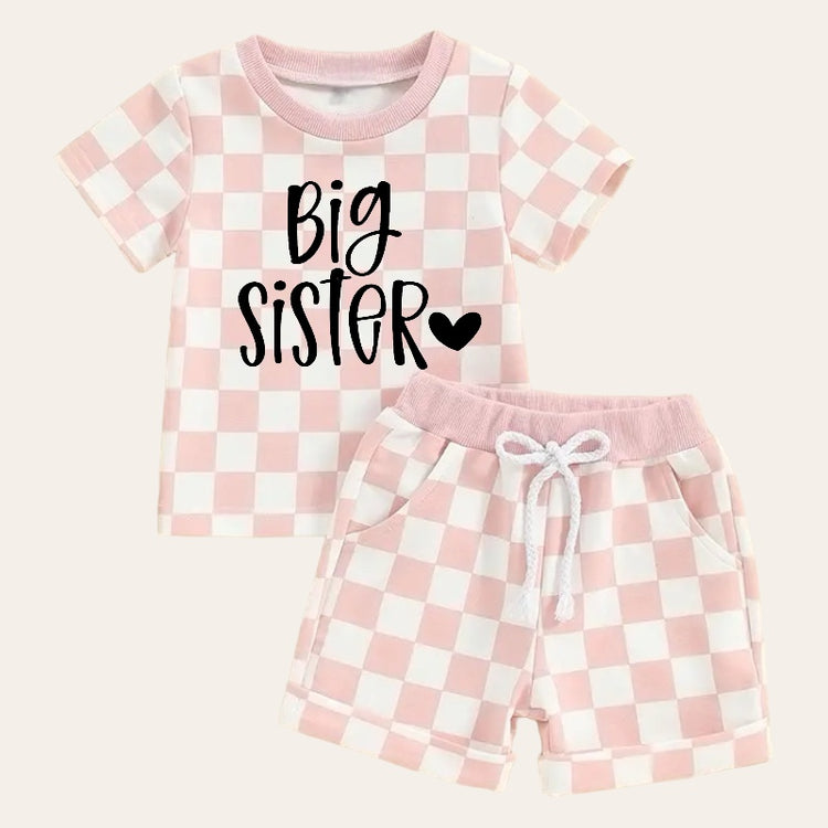 Big Sister Baby and Toddler Checkered t-shirt & shorts outfit Hippo Boutique