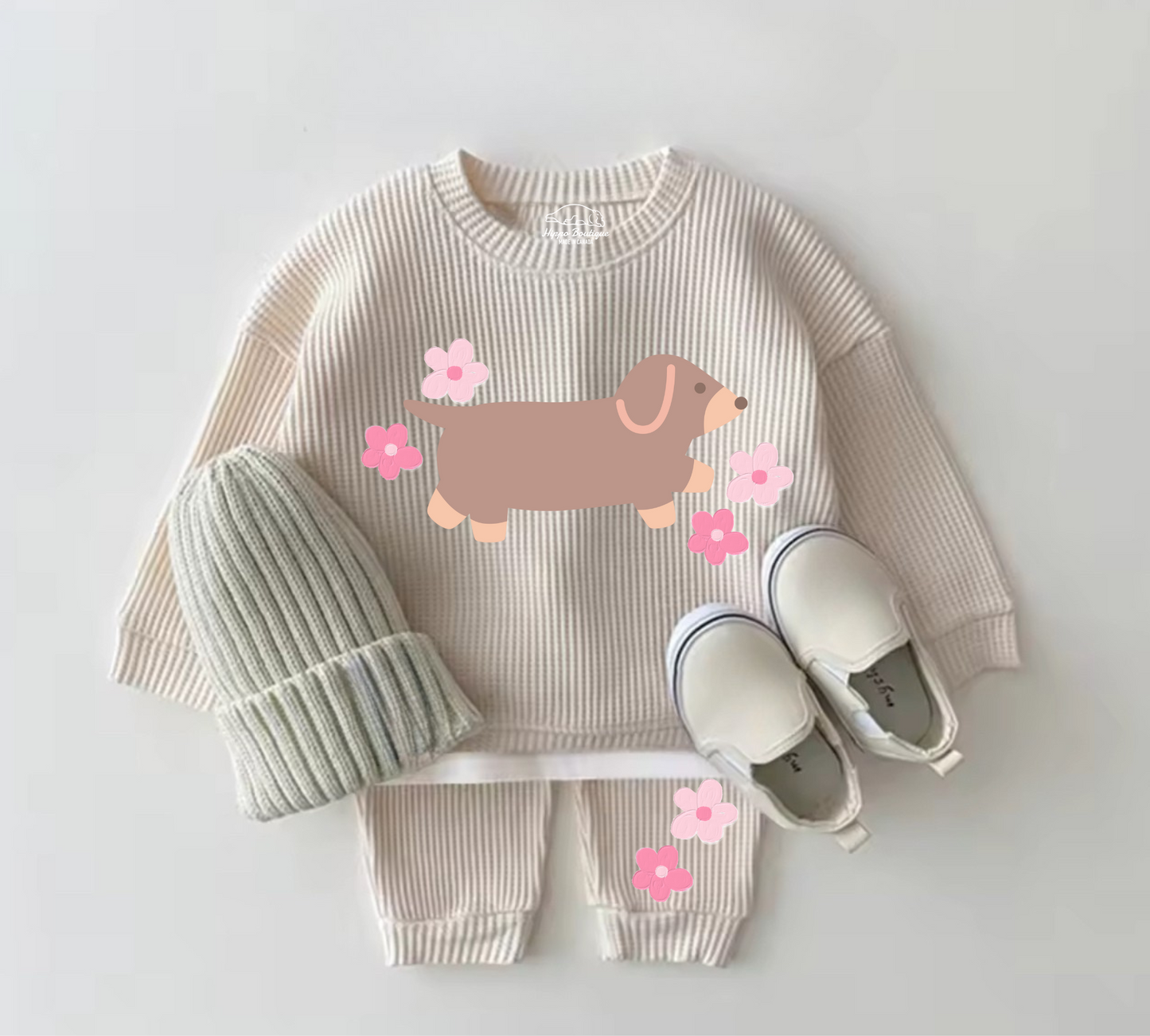 Baby Waffle Knit Jogger Outfit - Floral Dachshund Hippo Boutique