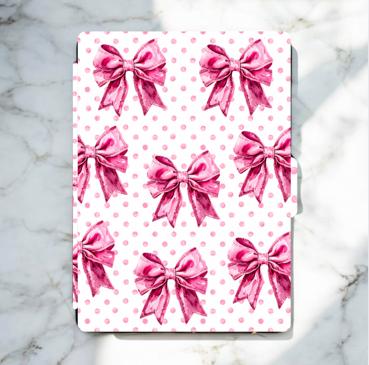 Handmade organic Kindle case with pink coquette bows on white background, comfortable Canadian design. - Kindle Case - Pink Coquette