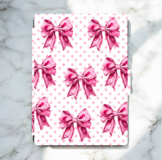 Handmade organic Kindle case with pink coquette bows on white background, comfortable Canadian design. - Kindle Case - Pink Coquette