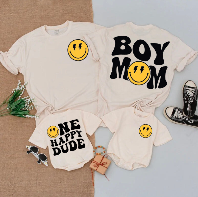 Smile Boy Mom & One Happy Dude Matching mama and mini T-shirts & Romper Hippo Boutique