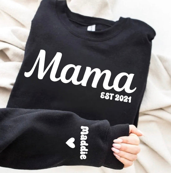 Custom Mama Sweatshirt with children’s name on sleeve Hippo Boutique