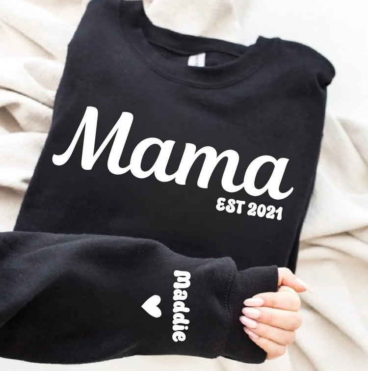 Custom Mama Sweatshirt with children’s name on sleeve Hippo Boutique