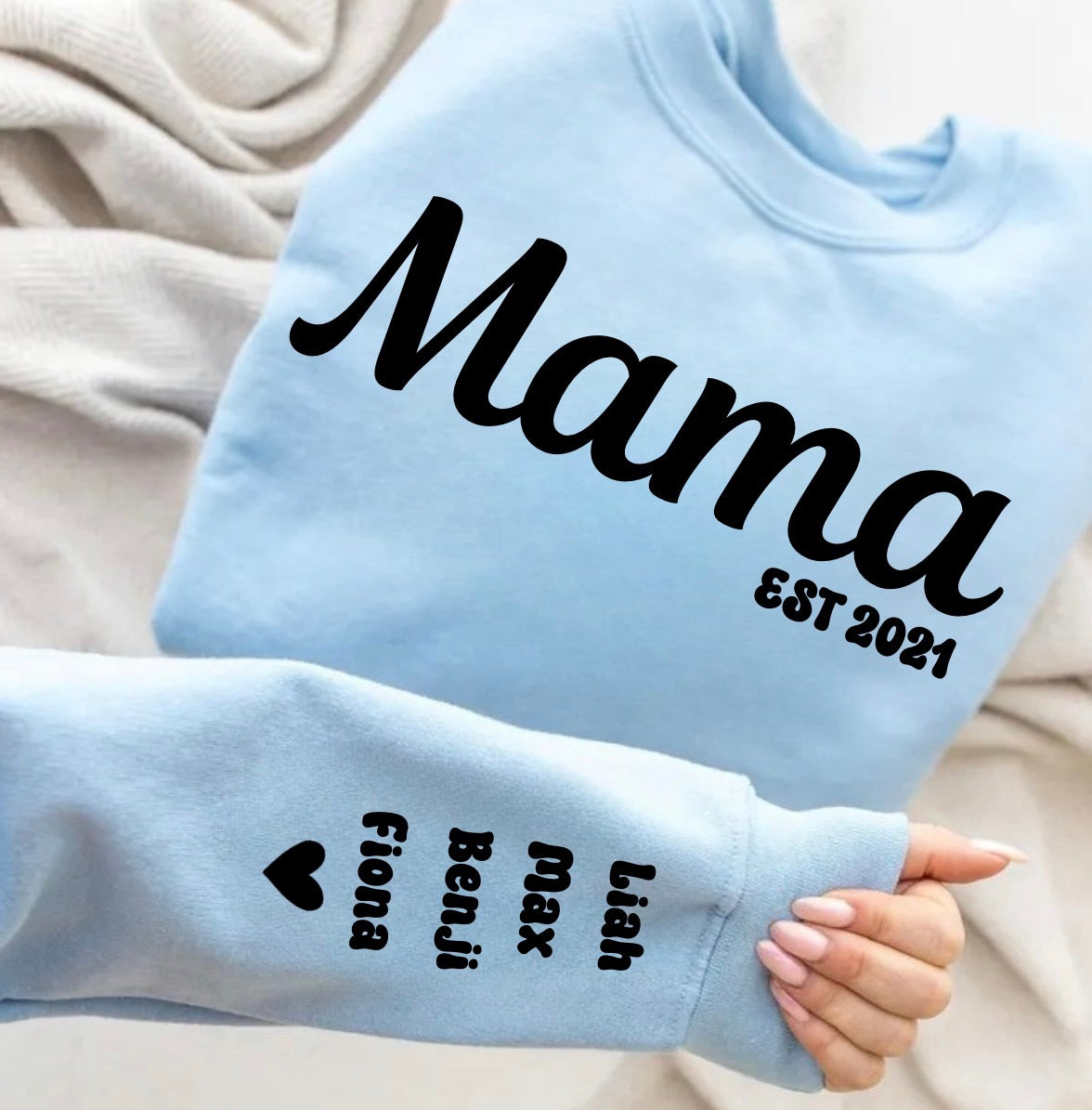 Custom Mama Sweatshirt with children’s name on sleeve Hippo Boutique