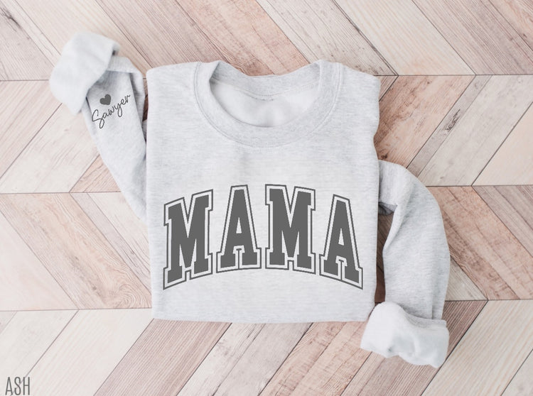 Varsity Mama Sweatshirt with children’s name on sleeve Hippo Boutique