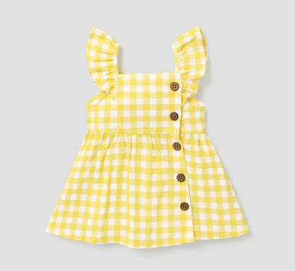 Button lemon and yellow plaid baby sleeveless ruffle dress Hippo Boutique