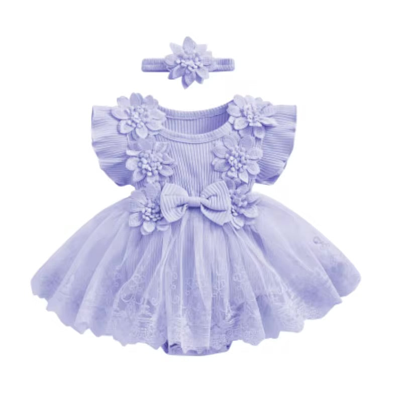 Floral Lace Baby Girl Dress Romper with Matching Flower Headband Hippo Boutique