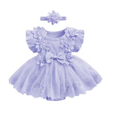 Floral Lace Baby Girl Dress Romper with Matching Flower Headband Hippo Boutique