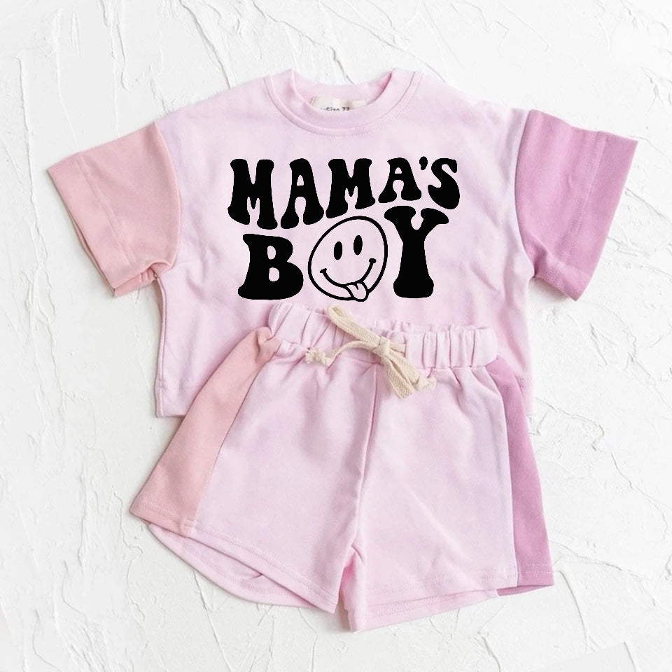 Mama’s Boy Baby and Kids cotton color block t-shirt & shorts outfit Hippo Boutique