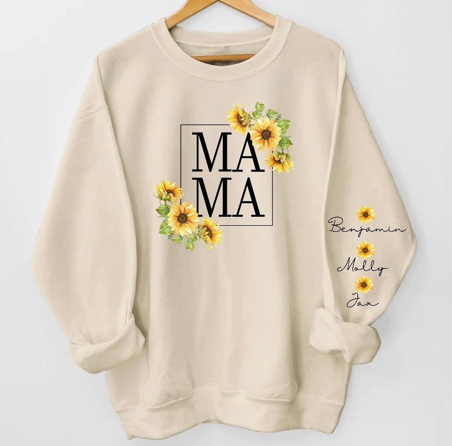 Sunflower Mama Sweatshirt with children’s name on sleeve Hippo Boutique