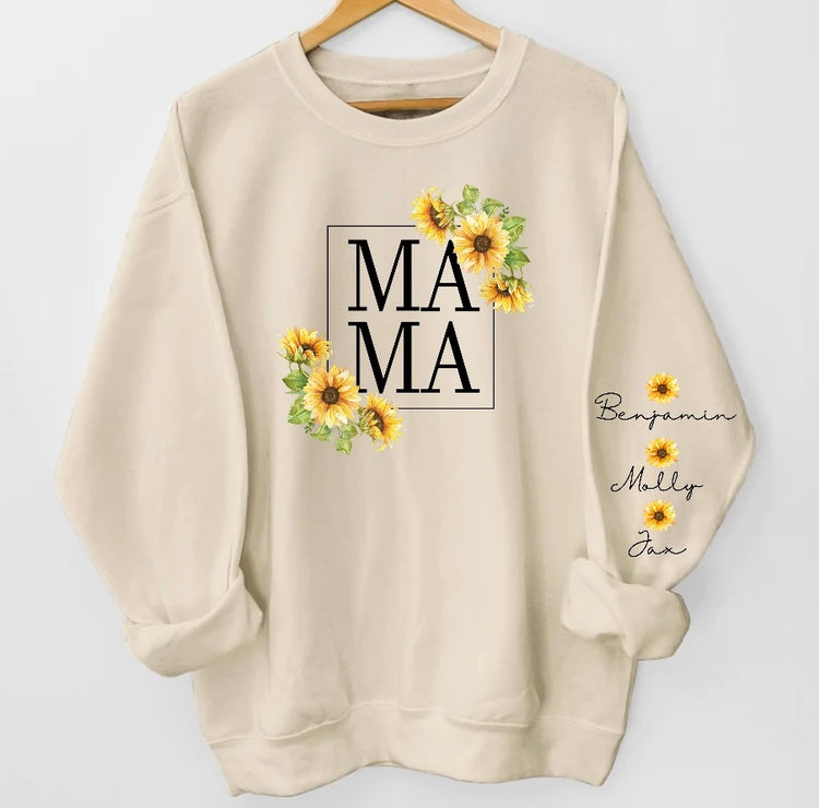 Sunflower Mama Sweatshirt with children’s name on sleeve Hippo Boutique