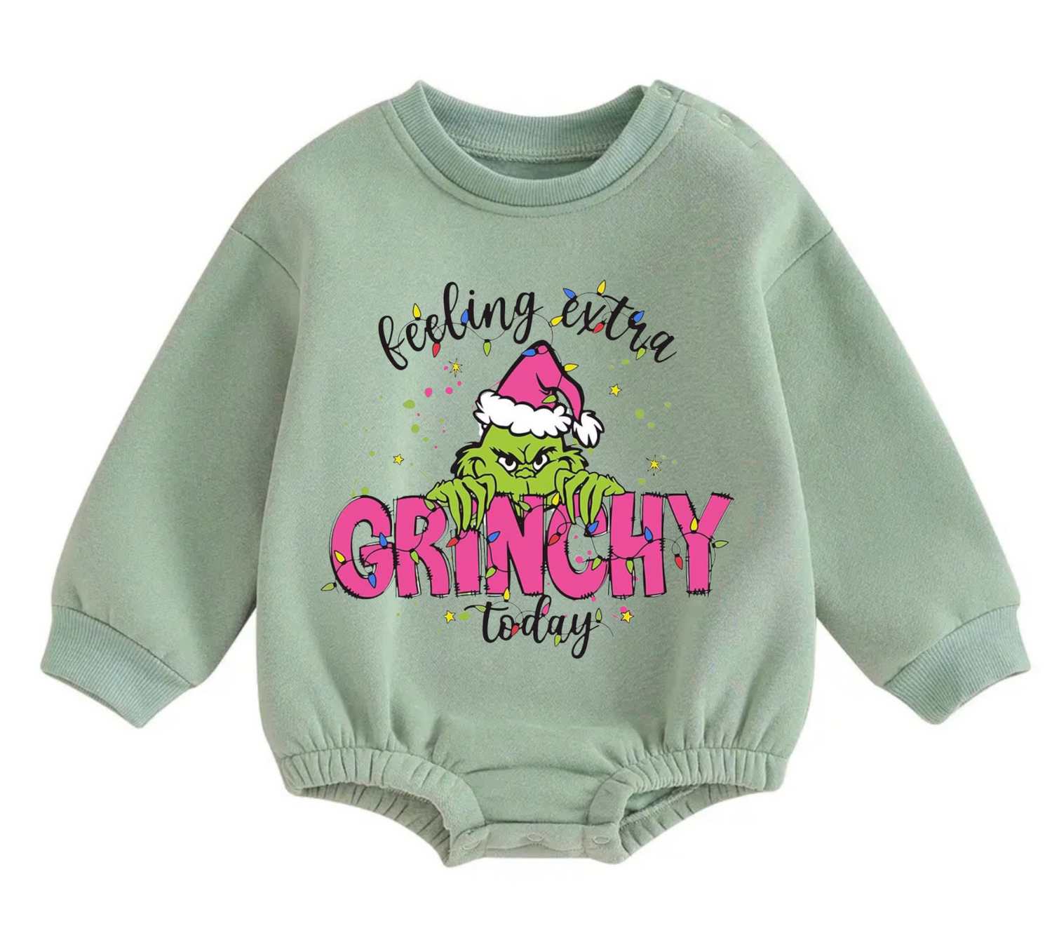 Feeling Grinchy fleece Baby Oversized christmas Sweatshirt Romper Hippo Boutique
