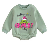 Feeling Grinchy fleece Baby Oversized christmas Sweatshirt Romper Hippo Boutique