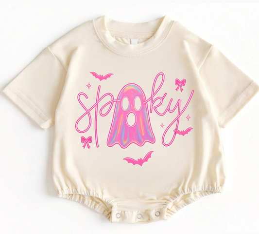 Adorable and comfy cotton baby and toddler t-shirt bubble romper with sweet Halloween Spooky Ghost print. Baby tshirt bubble romper Canada toddler tshirt Halloween 