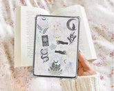 Kindle insert with mystical moon and floral designs in black on glittery white background, handmade and comfortable. - Kindle Insert - Fantasy Mystical Moon