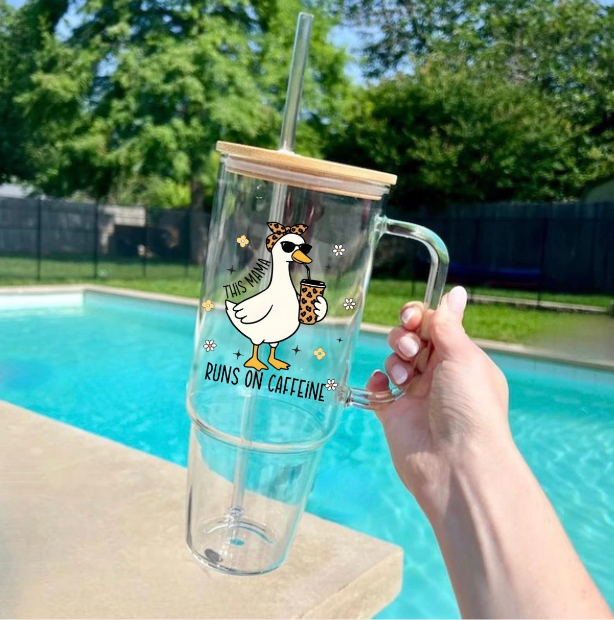 This Mama Runs on Caffeine Goose glass Tumbler Hippo Boutique