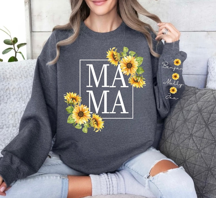 Sunflower Mama Sweatshirt with children’s name on sleeve Hippo Boutique