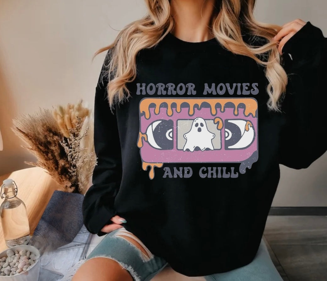 Halloween Horror Movies and Chill Women’s fleece crewneck Sweatshirts Hippo Boutique