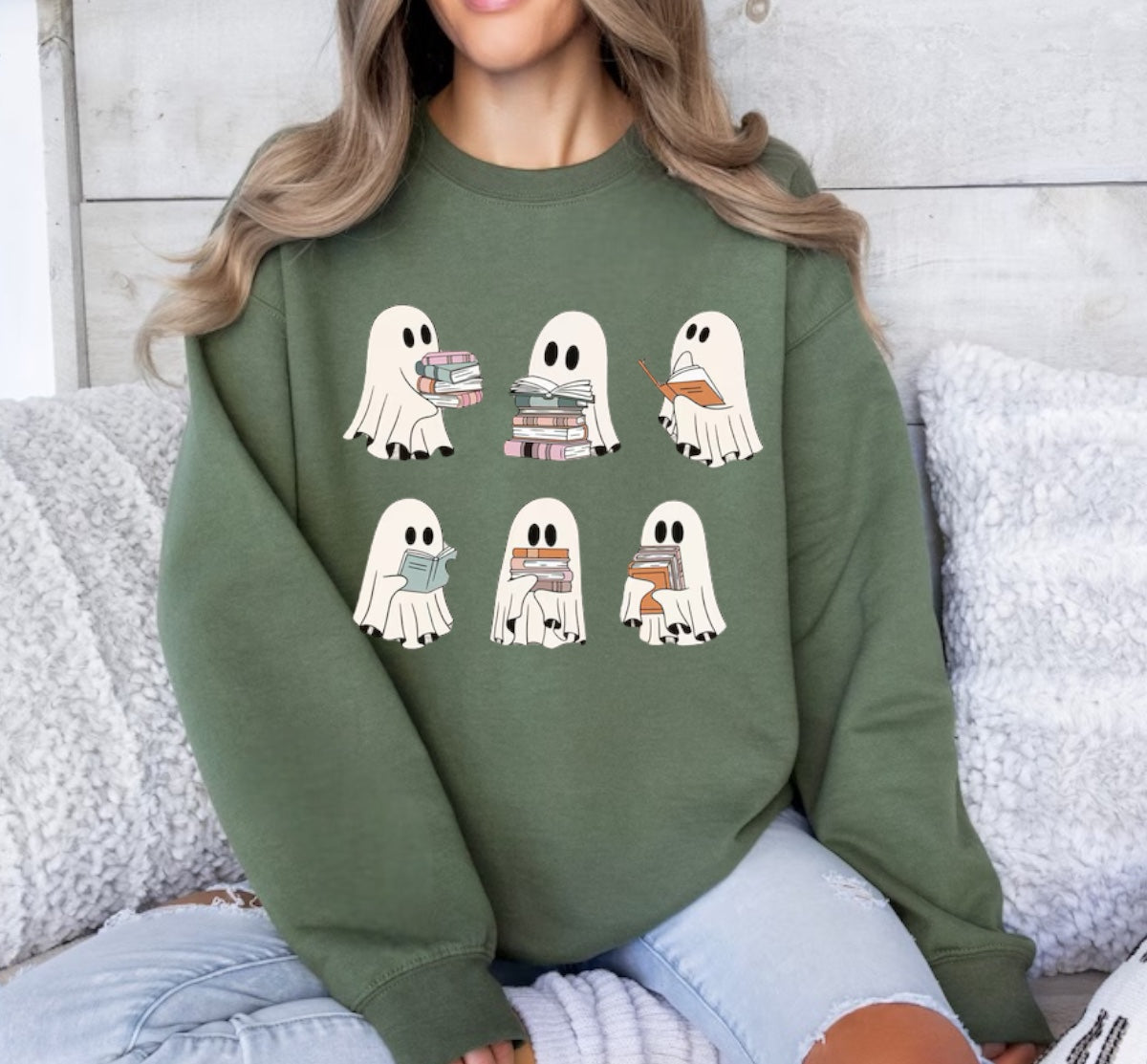 Halloween fleece crewneck Sweatshirts Reading Ghosts Hippo Boutique