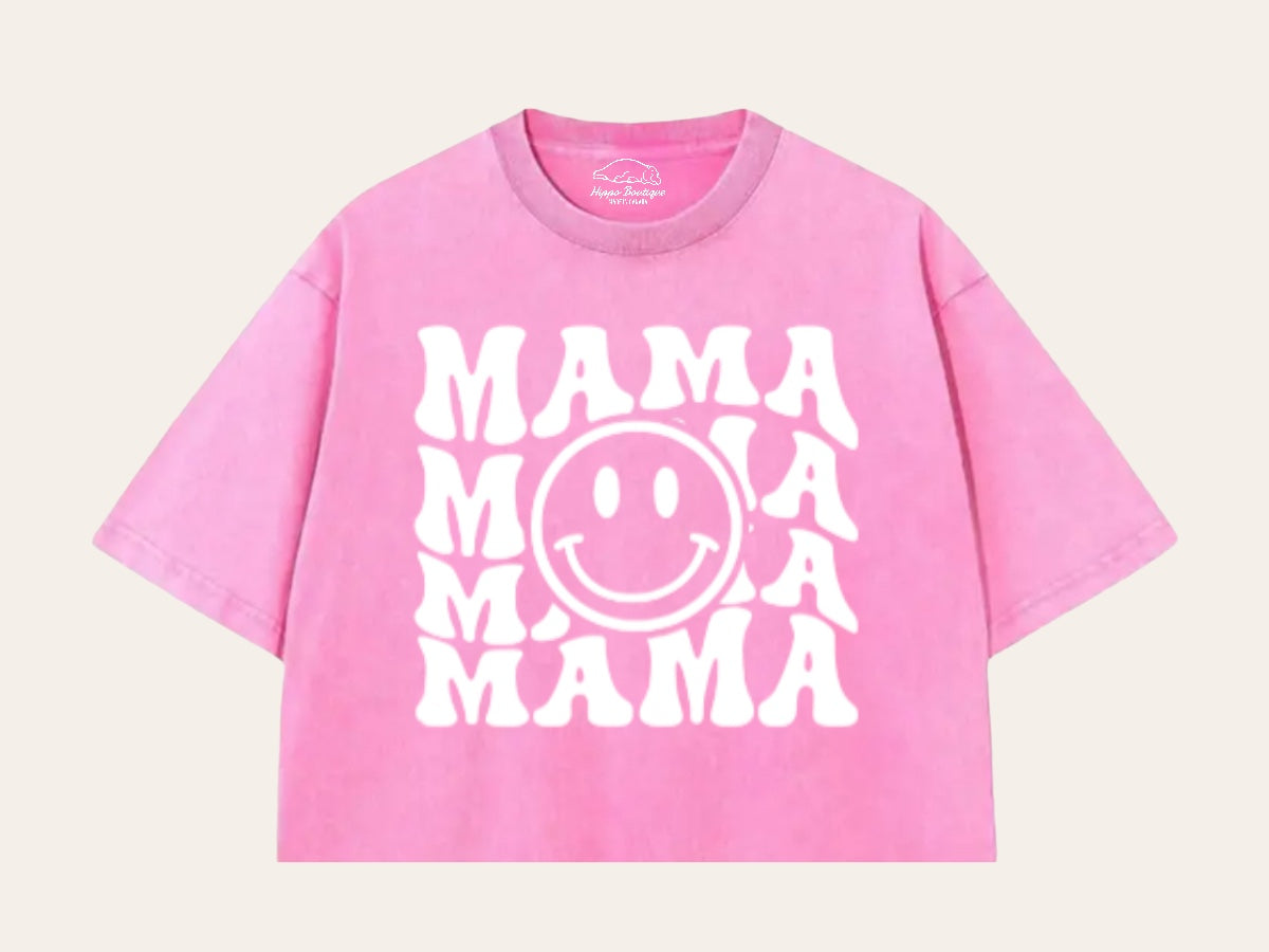 Retro Mama Smile Acid Washed 100% Cotton Oversized Cropped T-Shirts Hippo Boutique