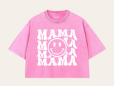 Retro Mama Smile Acid Washed 100% Cotton Oversized Cropped T-Shirts Hippo Boutique