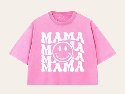 Retro Mama Smile Acid Washed 100% Cotton Oversized Cropped T-Shirts Hippo Boutique