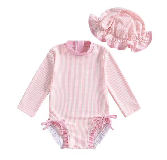 Newborn Baby & Toddler striped Zip Up Swimsuit with hat and bows Hippo Boutique