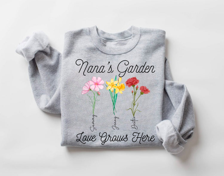 Custom Grandmas Garden Sweatshirt with kids names and birth flowers Hippo Boutique
