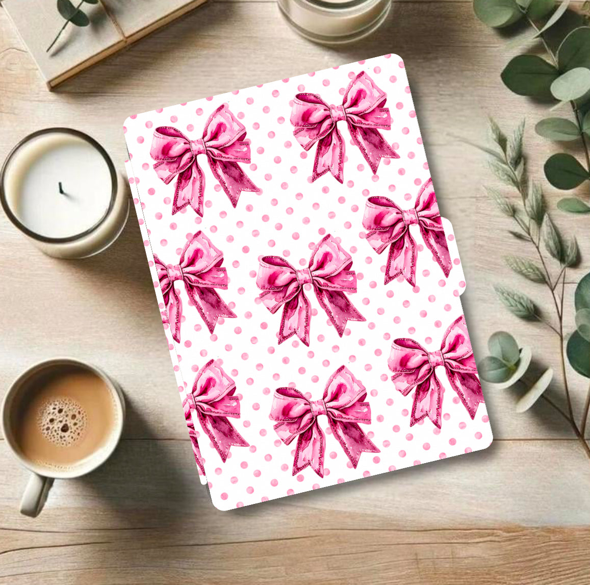 Handmade Kindle case with pink watercolor bows on a white polka dot background, soft organic fabric, Canadian craftsmanship, . - Kindle Case - Pink Coquette