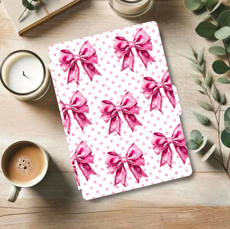 Handmade Kindle case with pink watercolor bows on a white polka dot background, soft organic fabric, Canadian craftsmanship, . - Kindle Case - Pink Coquette