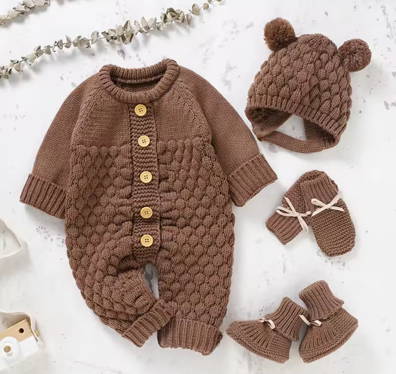Baby Knit Bodysuit Set with Boots Hat & Mitts Hippo Boutique