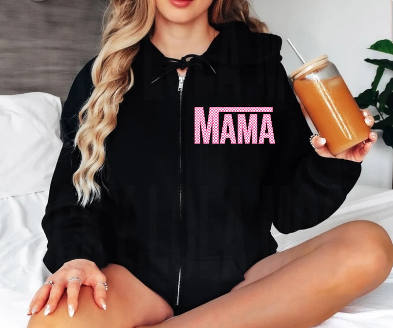 Pink Checkered Mama Zip Up Hoodie Hippo Boutique