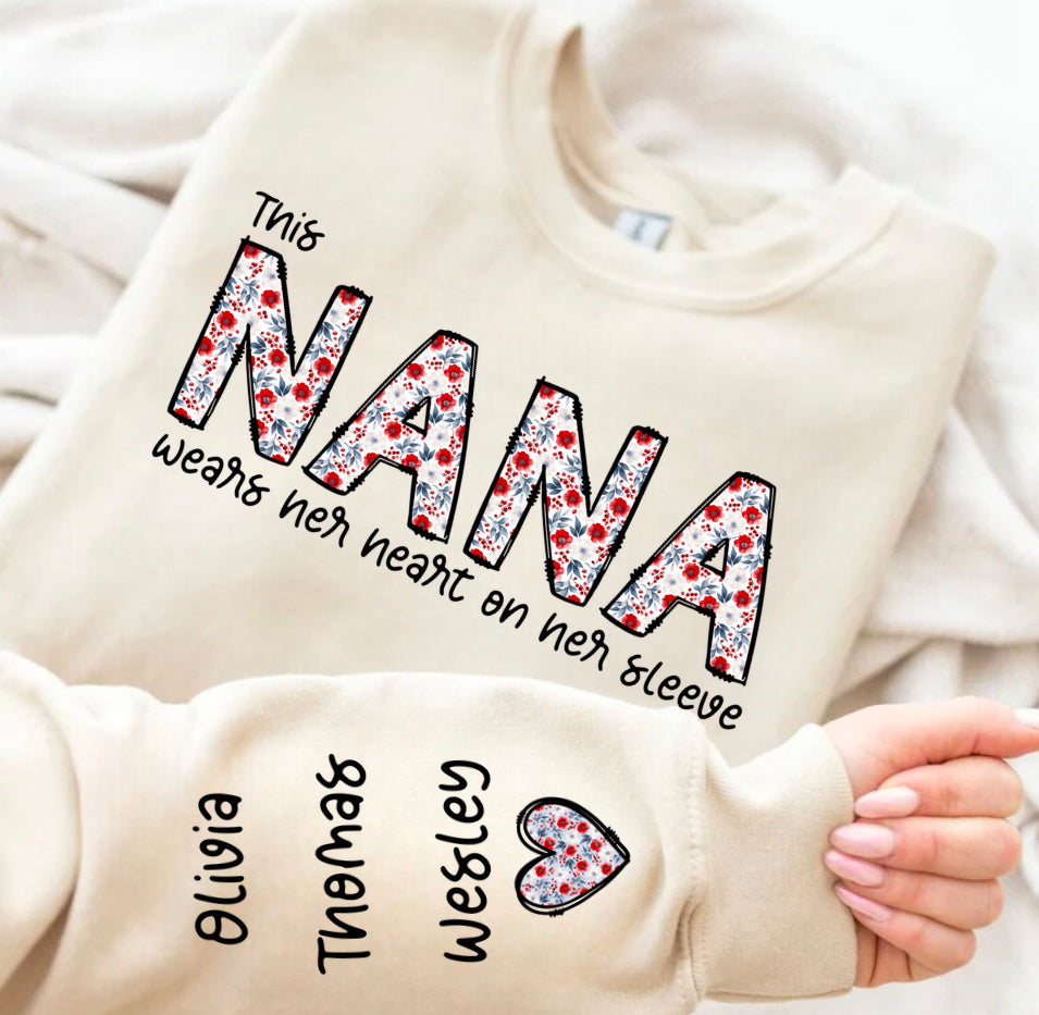 Custom Floral Nana Sweatshirt with children’s name on sleeve Hippo Boutique