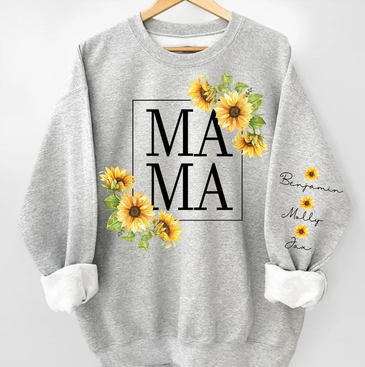 Sunflower Mama Sweatshirt with children’s name on sleeve Hippo Boutique