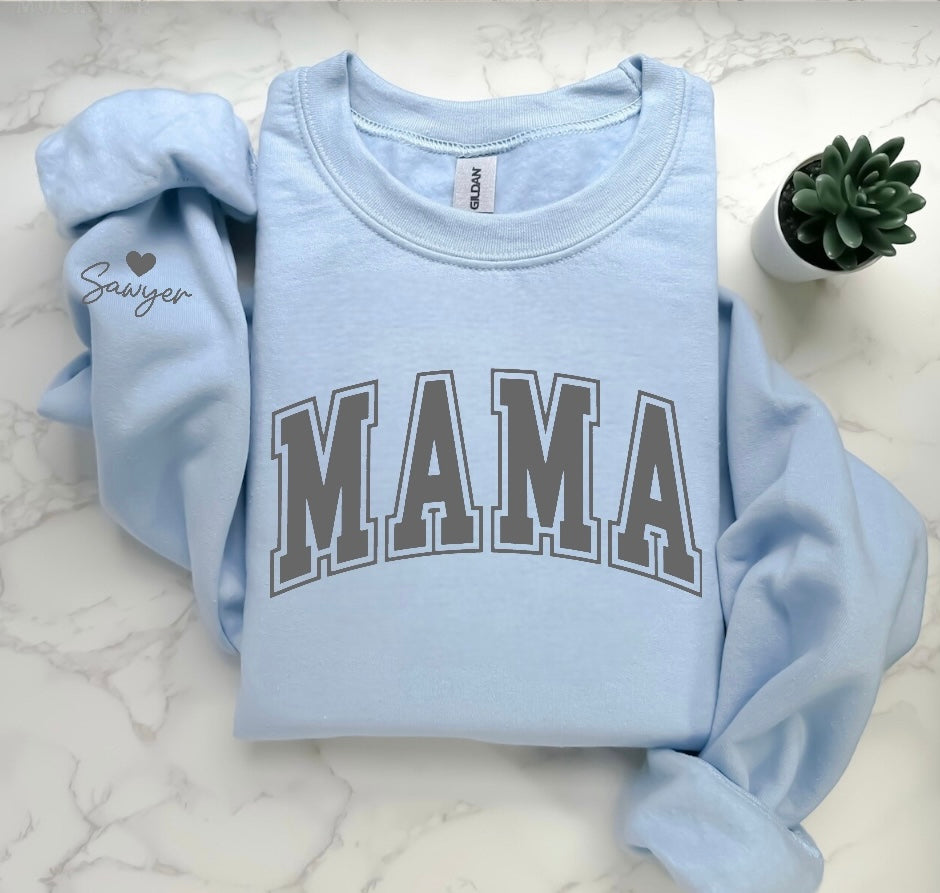Varsity Mama Sweatshirt with children’s name on sleeve Hippo Boutique