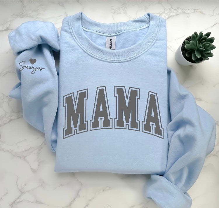Varsity Mama Sweatshirt with children’s name on sleeve Hippo Boutique