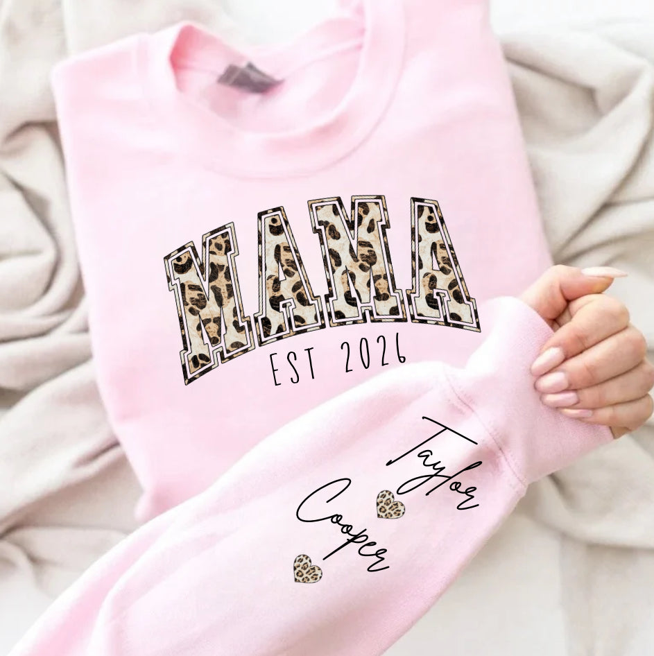 Custom Mama Leaopard Print Sweatshirt with children’s name on sleeve Hippo Boutique