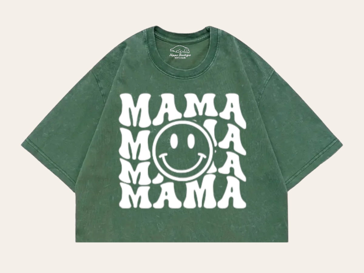 Retro Mama Smile Acid Washed 100% Cotton Oversized Cropped T-Shirts Hippo Boutique
