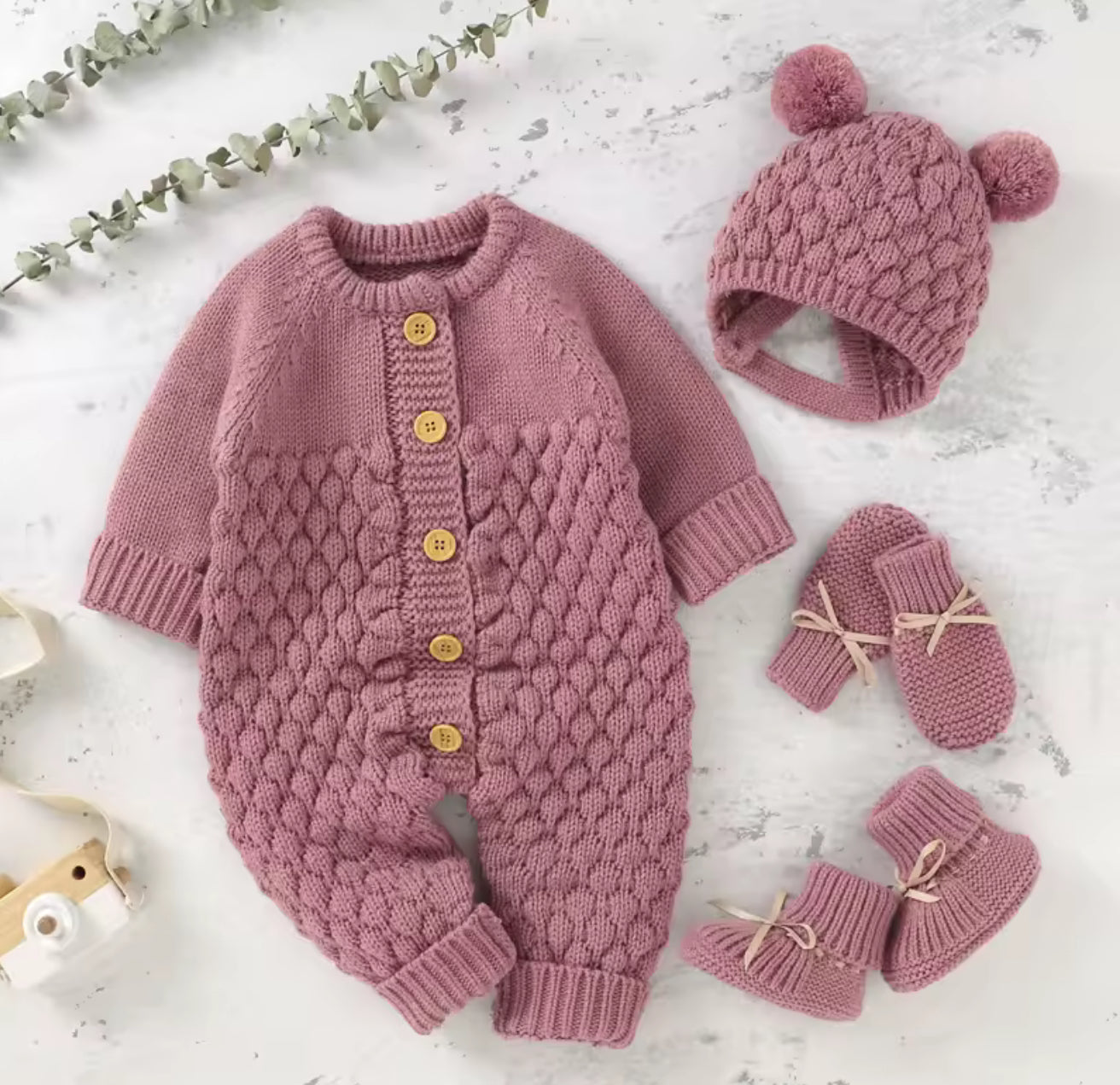 Baby Knit Bodysuit Set with Boots Hat & Mitts Hippo Boutique