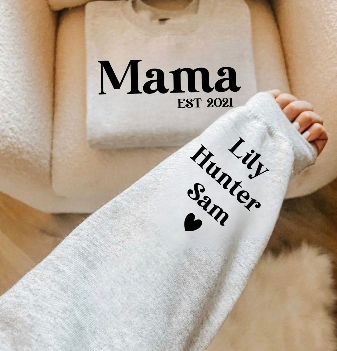 Custom Mama Sweatshirt with children’s name on sleeve Hippo Boutique