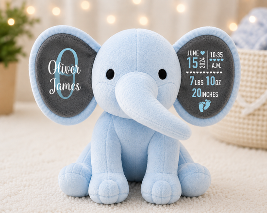 Personalized Baby Birth Stats Elephant – Custom Name & Newborn Keepsake Hippo Boutique