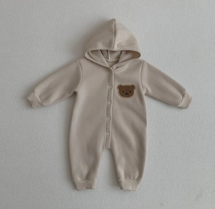 Teddy Hooded Romper Zip Up Bodysuit Hippo Boutique