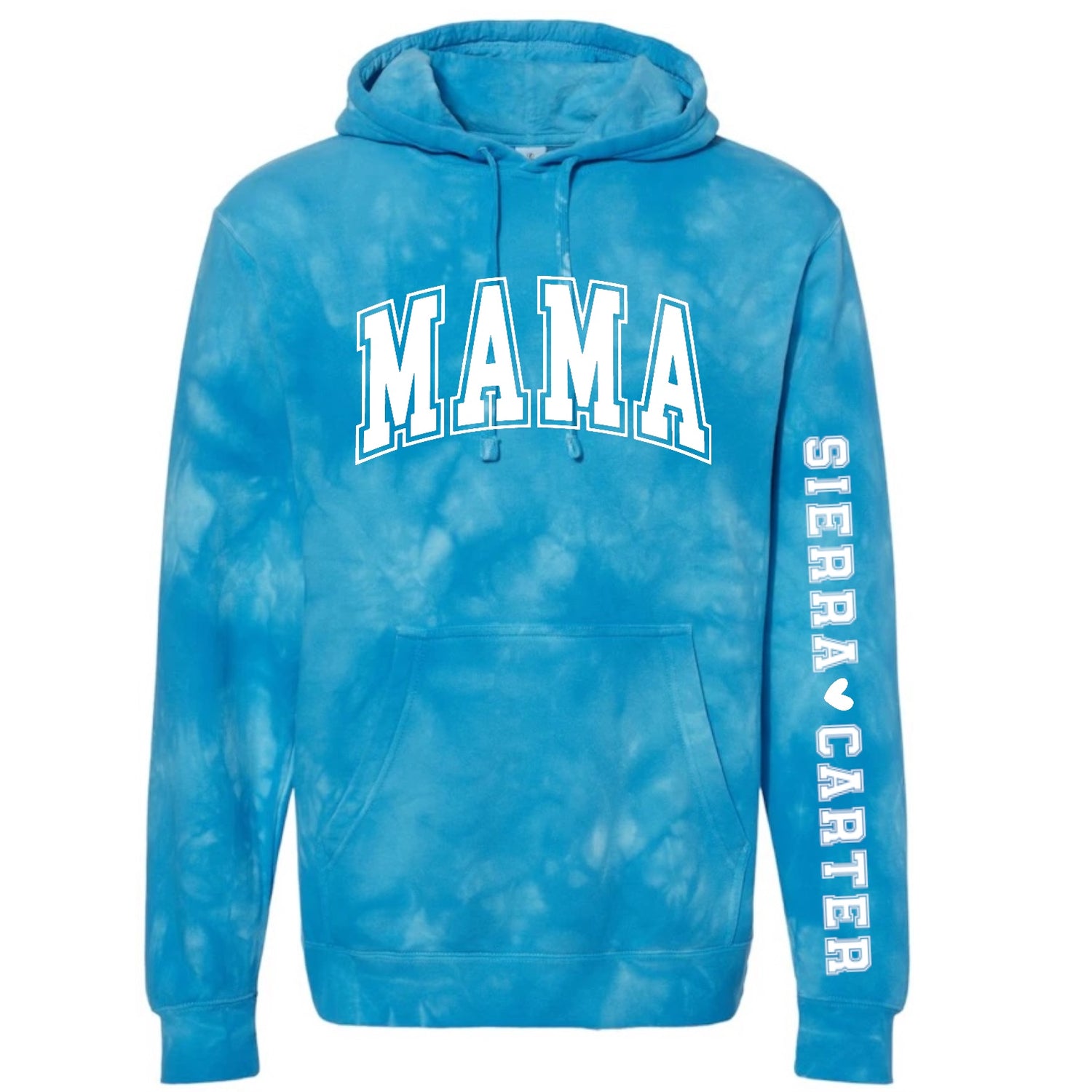 Custom Varsity Mama Tie Dye Hoodies with children’s name on sleeve Hippo Boutique