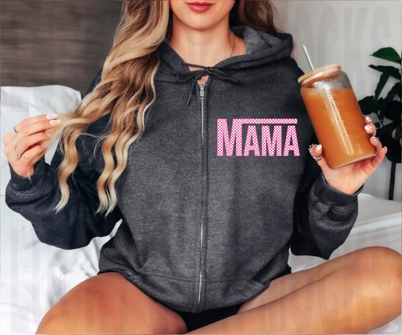 Pink Checkered Mama Zip Up Hoodie Hippo Boutique