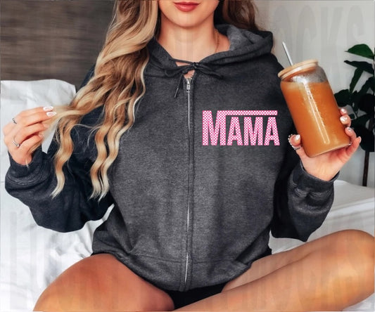 Pink Checkered Mama Zip Up Hoodie Hippo Boutique