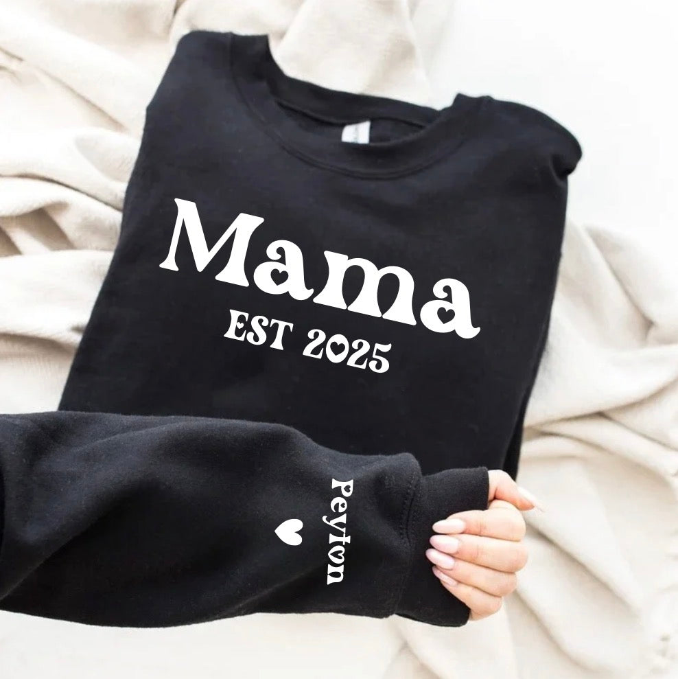 Custom Mama Sweatshirt with children’s name on sleeve Hippo Boutique
