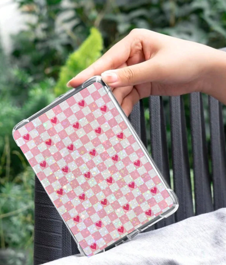 Pink checkered Kindle insert with heart pattern, handmade and cozy design. - Kindle Insert - Pink Checkered Hearts
